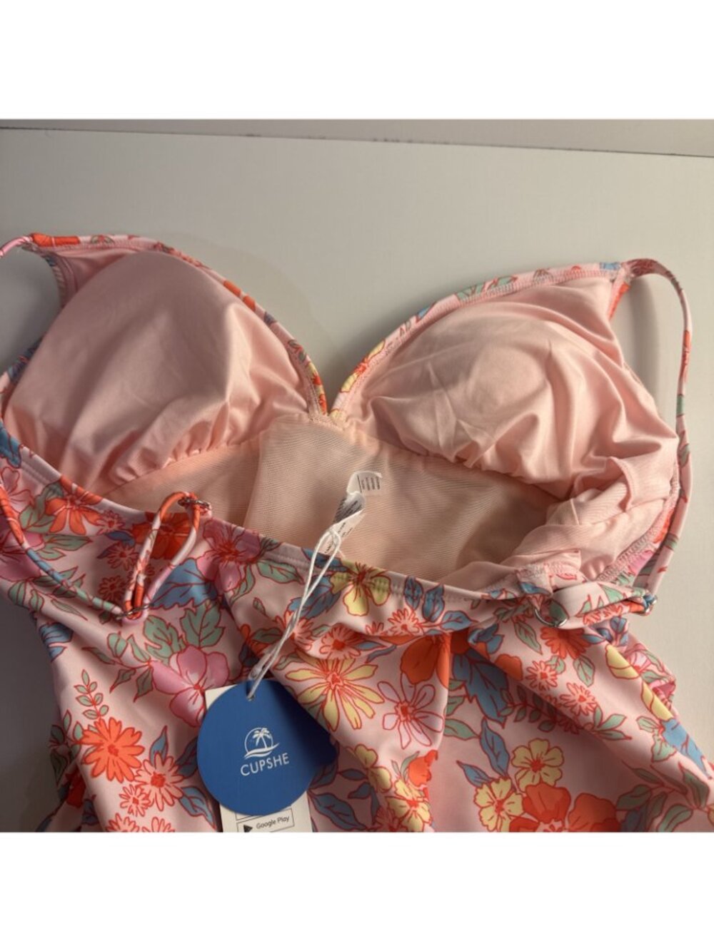 NWT cupshe one piece swimsuit large womens Retro Floral pink orange blue Runched - Picture 6 of 10